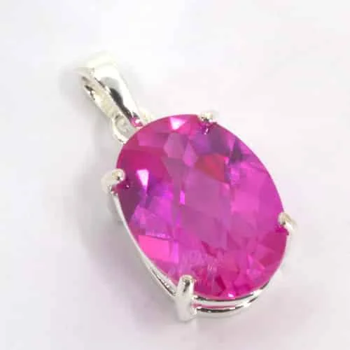 Sterling Lab Created Pink Sapphire 14x10mm Oval Dangle Pendant