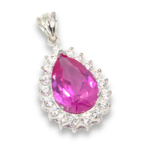 Sterling Lab Pink Sapphire 15x10mm Pear Accented Pendant