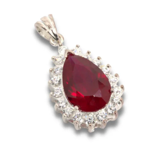 Sterling Lab Ruby 15x10mm Pear Accented Pendant