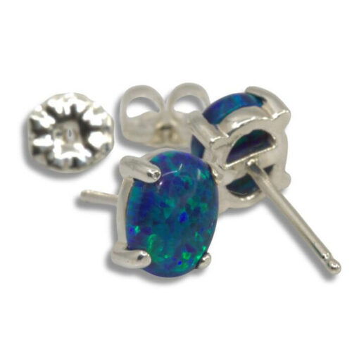 Lab Created Blue Opal Oval Cabochon Earrings