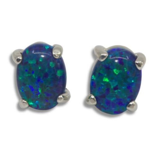 Lab Created Blue Opal Oval Cabochon Earrings