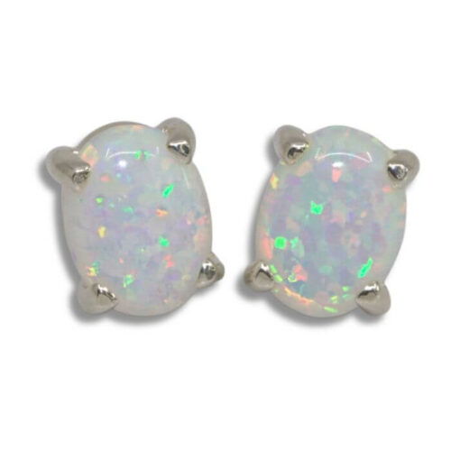 Lab Created White Opal Oval Cabochon Earrings