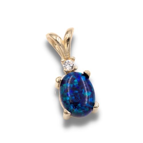 Lab Created Blue Opal 8x6mm Oval Cabochon Accented Pendant