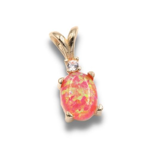 Lab Created Pink Opal 8x6mm Oval Cabochon Accented Pendant