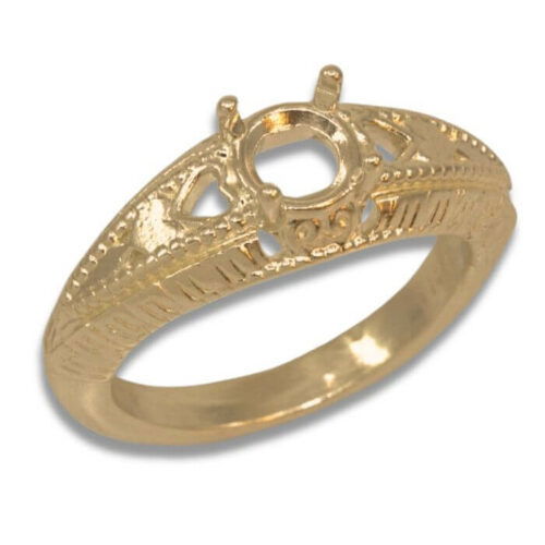Vintage-Inspired Engraved Round Solitaire Pre-notched Ring Mounting - Yellow Gold