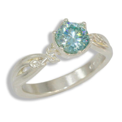 Round Leaf Solitaire Pre-Notched Ring Mounting - Blue Moissanite