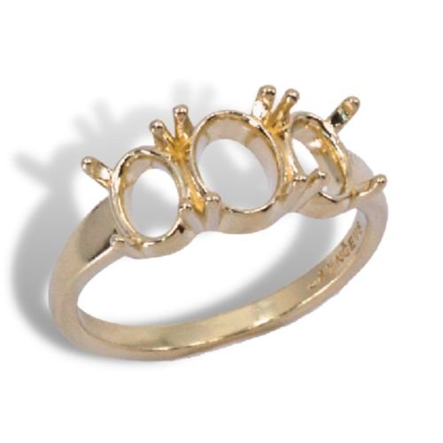 Three Stone Oval Pre-notched Ring Mounting - Yellow Gold