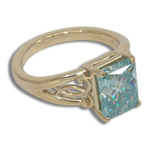 Blue Moissanite 10x8mm Radiant Artisan Scroll Ring